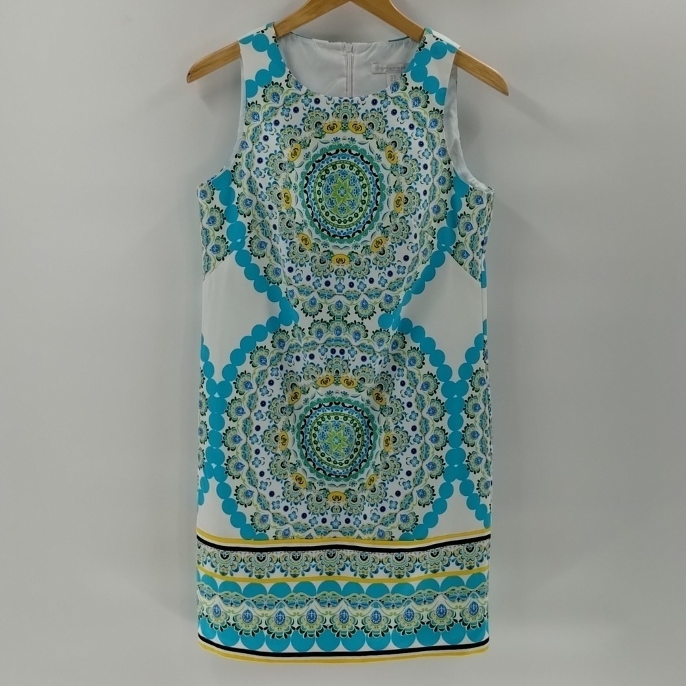 London Times Cecilia shift dress turquoise yellow tile print size 10 sleeveless